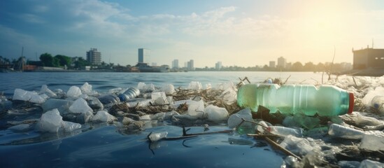 Aufkleber - Plastic water bottles and bags environmental pollution. Creative Banner. Copyspace image