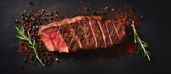 Poster - Steak Ribeye Black Angus medium rare beef with spice vertical image top view place for text. Creative Banner. Copyspace image