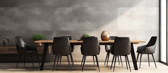 Poster - Stylish dining room interior with design wooden family table black chairs teapot with mug mock up art paintings on the wall and elegant accessories in modern home decor Template. Creative Banner