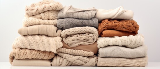 Poster - Pile of beige woolen clothes on a white background Warm knitted sweaters and scarfs are folded in one heap. Creative Banner. Copyspace image