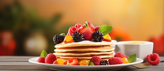 Poster - Sweet homemade pancakes with fruits on white plate. Creative Banner. Copyspace image