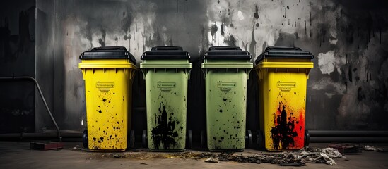 Aufkleber - Three yellow industrial waste bin dumpster in power plant Color Splash. Creative Banner. Copyspace image