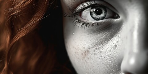 Poster - Close up of a woman's eye with freckles. Perfect for beauty and skincare advertisements