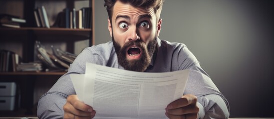 Wall Mural - Young man with beard breaking contract paper at the office in shock face looking skeptical and sarcastic surprised with open mouth. Creative Banner. Copyspace image