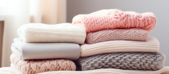 Fototapete - Pile of various woolen knitted blankets sweaters in pastel colors folded on a small round table on neutral background Warm and cozy home mood concept Image with copy space. Creative Banner