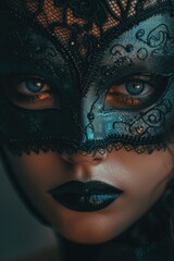 Aufkleber - A close-up of a woman wearing a black mask. Suitable for various themes and concepts