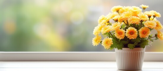 Poster - small bouquet of chrysanthemums on the windowsill bw. Creative Banner. Copyspace image