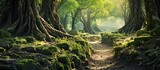 Fototapeta Natura - Mysterious path full of roots in the middle of wooden coniferous forrest surrounded by green bushes and leaves and ferns found in Corse France. Creative Banner. Copyspace image