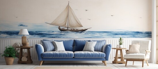 Poster - Modern grey living room with nautical decorations and decorative wall finish. Creative Banner. Copyspace image