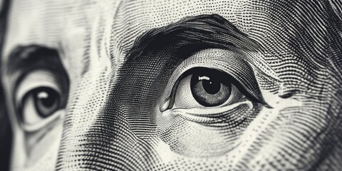 Poster - Close-up view of a person's eye on a dollar bill. Can be used to represent finance, money, wealth, or surveillance.