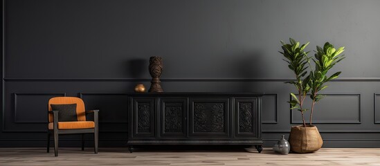 Aufkleber - Spacious and open eclectic style living room with elegant sofa rattan coffee table and chair and classic black sideboard. Creative Banner. Copyspace image