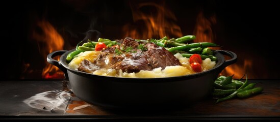 Poster - Pot roast in a cast iron dutch oven green beans and mushed potato. Creative Banner. Copyspace image