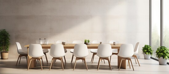 Poster - White modern dining hall with big table and designer chairs. Creative Banner. Copyspace image