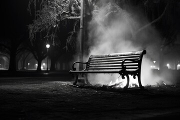 Poster - A peaceful park bench illuminated by the moonlight. Perfect for capturing the tranquility of a nighttime park scene.