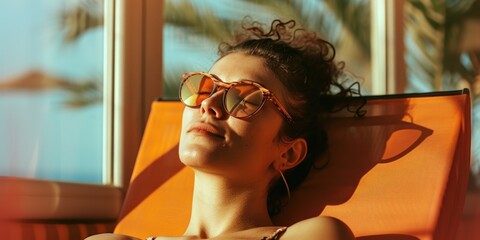 Poster - A woman laying on an orange chair with her eyes closed. Perfect for relaxation and leisure-themed designs