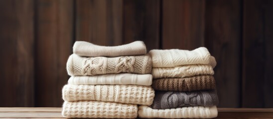 Poster - Stack of white cozy knitted sweaters on a wooden table faded retro style image. Creative Banner. Copyspace image