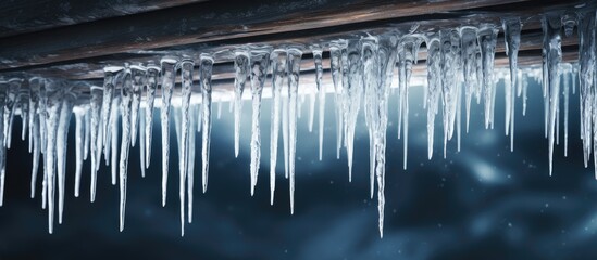 Fototapete - Sharp icicles and melted snow hanging from eaves of roof Beautiful transparent icicles slowly gliding of a roof. Creative Banner. Copyspace image