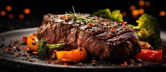 Poster - Modern style barbecue dry aged wagyu roast beef pepper steak with barbecue vegetable in pepper cream sauce served as close up in a design plate. Creative Banner. Copyspace image