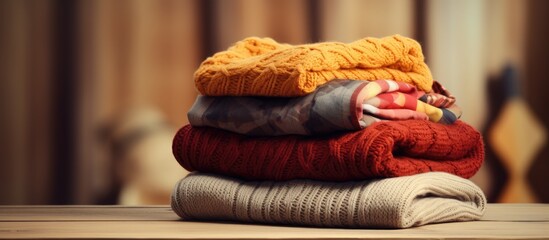 Poster - Pile of knitted woolen sweaters autumn colors on wooden table Clothes with different knitting patterns folded in stack Warm cozy winter fall knitwear concept Copy space. Creative Banner