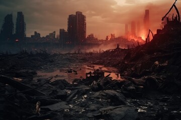 Poster - A cityscape featuring a large amount of rubble in the foreground. Perfect for illustrating destruction, post-war scenarios, or urban renewal projects.