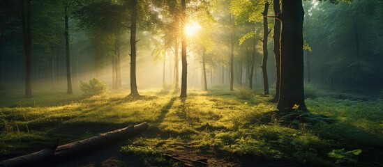 Poster - Morning light of the sun makes its way through the forest. Creative Banner. Copyspace image