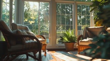 Poster - A cozy sun room with two chairs and a table. Perfect for relaxation and enjoying the sunlight