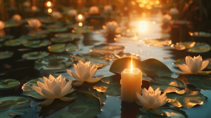 Poster - A lit candle sitting on top of a pond of water lilies. Suitable for serene and calming concepts
