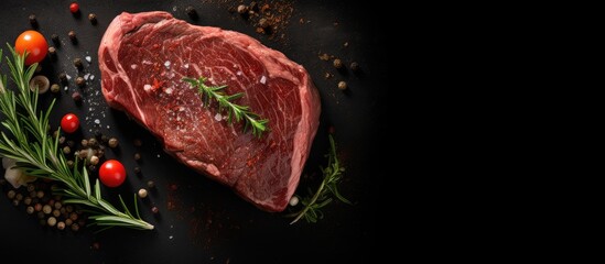 Poster - Steak Ribeye Black Angus medium rare beef with spice vertical image top view place for text. Creative Banner. Copyspace image