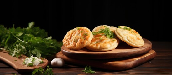 Poster - Rye dough pies with potato filling National Karelian food wicket close up on a wooden board Alternative flour baked goods without sugar and gluten authentic baked goods. Creative Banner