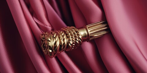 Poster - A close-up view of a curtain with a gold ring. This image can be used to add a touch of elegance to interior design projects or to depict privacy and secrecy