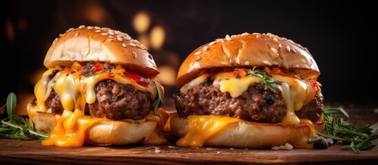 Poster - Street food Grilled beef burgers with melted cheese Burger in hand cheeseburger artisan bread street burger. Creative Banner. Copyspace image