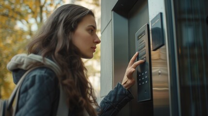 Poster - A woman is pressing a button on an elevator. Perfect for illustrating concepts of transportation, modern technology, and convenience