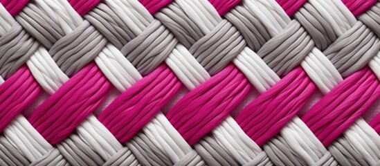 Canvas Print - Tunisian crochet fabric Fuchsia white grey knitted background Crochet tunisain entrelac. Creative Banner. Copyspace image