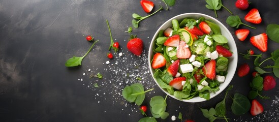 Poster - Strawberry spinach cucumber feta cheese salad Top view copy space flat lay. Creative Banner. Copyspace image