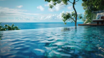 Poster - A captivating view of the ocean seen from a luxurious swimming pool. Perfect for travel brochures or vacation advertisements