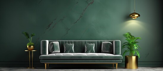 Poster - Stylish minimalistic interior of living room with design green velvet sofa black coffee table pillow marble table lamp hanging gold flowerbeds and elegant accessories Eucalyptus color Template