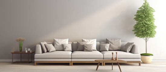 Canvas Print - The Stylish Spacious Luxury Interior Design of Living Room with Design Gray Sofa Coffee Table Decoration Pillows in Modern Home Decor Modern Living Room. Creative Banner. Copyspace image