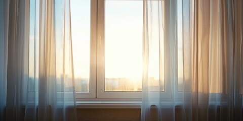 Poster - Sunlight shining through a window with sheer curtains. This image can be used to depict a peaceful and serene atmosphere