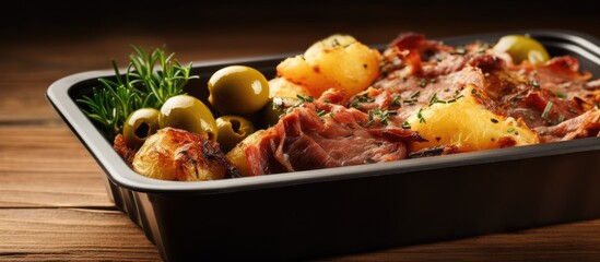 Aufkleber - Tasty smashed potatoes with olives and meat in the box. Creative Banner. Copyspace image