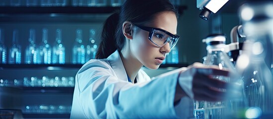 Wall Mural - science chemistry biology medicine and people concept close up of young female scientist with flask 