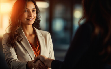 Wall Mural - Businesswoman shaking hands in office. Successful teamwork and partnership, demonstrating professionalism and collaboration in corporate environment