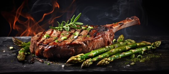 Poster - Medium rare grilled Tomahawk beef steak with asparagus on board. Creative Banner. Copyspace image