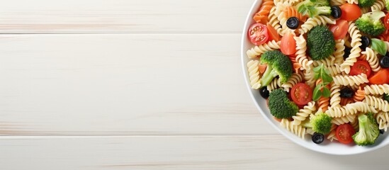 Wall Mural - Pasta salad with tomato broccoli black olives and cheese feta Top view. Creative Banner. Copyspace image