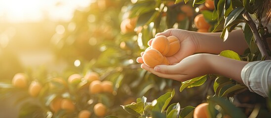 Poster - Ripe apricot fruits are plucked from the tree in the garden Closeup of the hand of a woman picking apricots from a tree on a fruit farm with a beautiful sun Vintage apricot orchard. Creative Banner