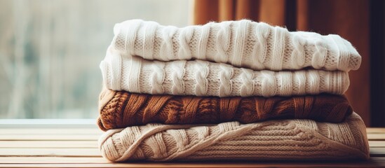 Poster - Stack of white cozy knitted sweaters on a wooden table faded retro style image. Creative Banner. Copyspace image