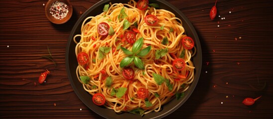 Poster - Noodles with garlic and chili on platter with basil decoration. Creative Banner. Copyspace image