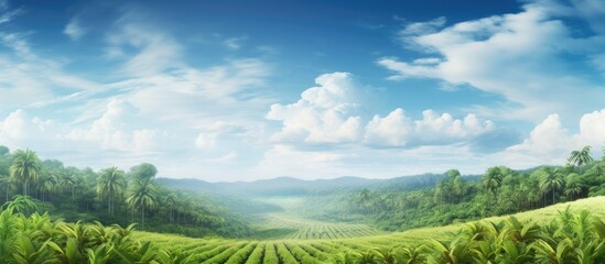 Poster - Palm oil trees palm oil plantation white clouds. Creative Banner. Copyspace image