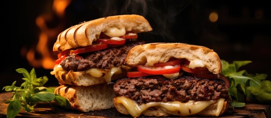 Poster - Street food Grilled beef burgers with melted cheese Burger in hand cheeseburger artisan bread street burger. Creative Banner. Copyspace image