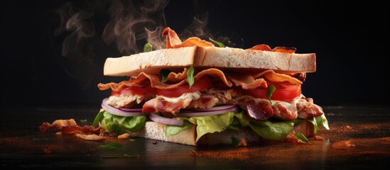 Aufkleber - Two Club sandwich with chicken breast bacon tomato cucumber and herbs Top view. Creative Banner. Copyspace image