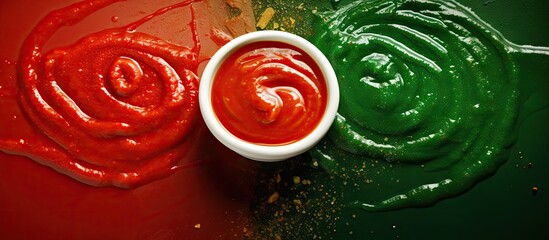 Poster - mexican red and green sauces spicy hot chili sauce made with chilli pepper garlic and tomatoes food in Mexico city. Creative Banner. Copyspace image